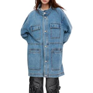 imagechouyatou Women Fall Western Utility Jean Jacket Oversized Distressed Y2K Long Denim Jacket Trench CoatLight Blue