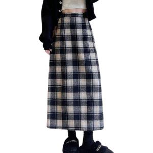 imagechouyatou Women Fall Winter Elastic High Waist Plaid Skirt ALine Maxi Long Wool Pencil Skirt with SplitBlack