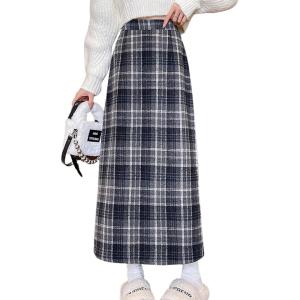 imagechouyatou Women Fall Winter Elastic High Waist Plaid Skirt ALine Maxi Long Wool Pencil Skirt with SplitBlue