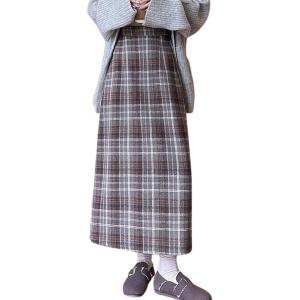 imagechouyatou Women Fall Winter Elastic High Waist Plaid Skirt ALine Maxi Long Wool Pencil Skirt with SplitBrown