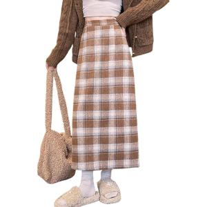 imagechouyatou Women Fall Winter Elastic High Waist Plaid Skirt ALine Maxi Long Wool Pencil Skirt with SplitKhaki