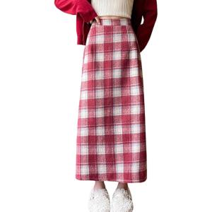 imagechouyatou Women Fall Winter Elastic High Waist Plaid Skirt ALine Maxi Long Wool Pencil Skirt with SplitRed