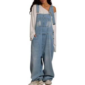 imagechouyatou Women Loose Denim Overall Pants Wide Leg Adjustable Strap Baggy One Piece Jumpsuit with PocketsBlue