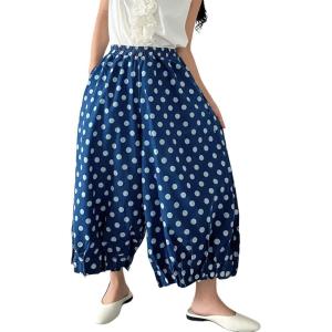 imagechouyatou Women Polka Dot Printed Wide Leg Cotton Pants Loose Elastic Waist Palazzo Trousers with PocketsDark Blue