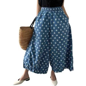 imagechouyatou Women Polka Dot Printed Wide Leg Cotton Pants Loose Elastic Waist Palazzo Trousers with PocketsLight Blue