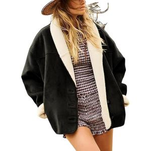 imagechouyatou Women Shawl Collar Sherpa Lined Faux Suede Leather Jacket Motorcycyle Dressy Casual Winter CoatBlack