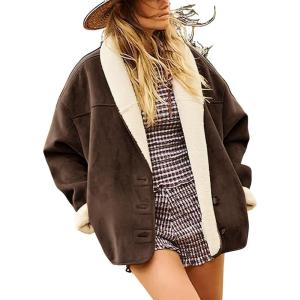 imagechouyatou Women Shawl Collar Sherpa Lined Faux Suede Leather Jacket Motorcycyle Dressy Casual Winter CoatCoffee