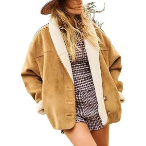 imagechouyatou Women Shawl Collar Sherpa Lined Faux Suede Leather Jacket Motorcycyle Dressy Casual Winter CoatKhaki