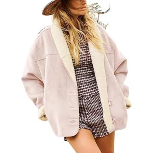 imagechouyatou Women Shawl Collar Sherpa Lined Faux Suede Leather Jacket Motorcycyle Dressy Casual Winter CoatPink