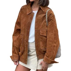 imagechouyatou Women Vintage Faux Suede Jacket Zip Up Bomber Jacket Lapel Collar Cropped Biker Moto Jacket CoatBrown