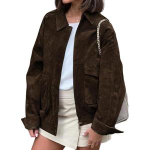 imagechouyatou Women Vintage Faux Suede Jacket Zip Up Bomber Jacket Lapel Collar Cropped Biker Moto Jacket CoatCoffee