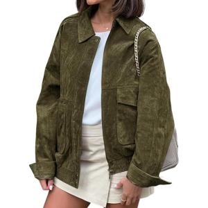 imagechouyatou Women Vintage Faux Suede Jacket Zip Up Bomber Jacket Lapel Collar Cropped Biker Moto Jacket CoatGreen