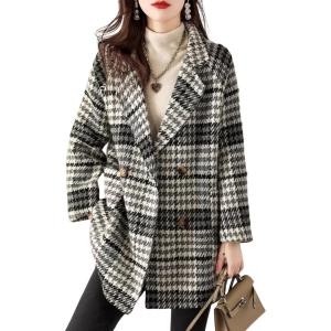 imagechouyatou Women Winter Notch Lapel Wool Blazer Trench Coat Plaid Double Breasted Business Causal PeacoatGrey