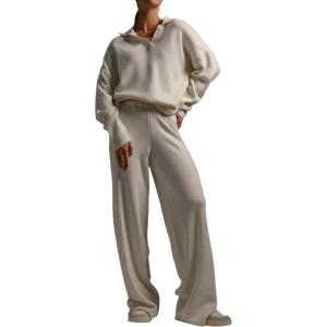 imagechouyatou Womens 2 Piece Lounge Sets Polo Collared Sweater Full Length Pant Two Piece Sweater Pant OutfitsBeige
