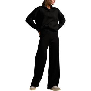 imagechouyatou Womens 2 Piece Lounge Sets Polo Collared Sweater Full Length Pant Two Piece Sweater Pant OutfitsBlack