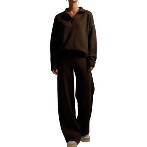 imagechouyatou Womens 2 Piece Lounge Sets Polo Collared Sweater Full Length Pant Two Piece Sweater Pant OutfitsCoffee