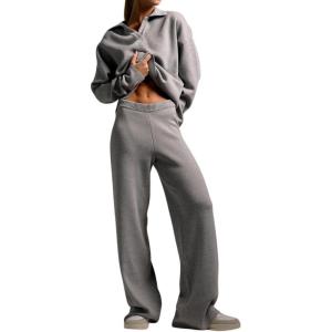 imagechouyatou Womens 2 Piece Lounge Sets Polo Collared Sweater Full Length Pant Two Piece Sweater Pant OutfitsGrey