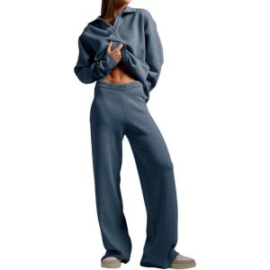 imagechouyatou Womens 2 Piece Lounge Sets Polo Collared Sweater Full Length Pant Two Piece Sweater Pant OutfitsHaze Blue