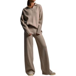 imagechouyatou Womens 2 Piece Lounge Sets Polo Collared Sweater Full Length Pant Two Piece Sweater Pant OutfitsKhaki