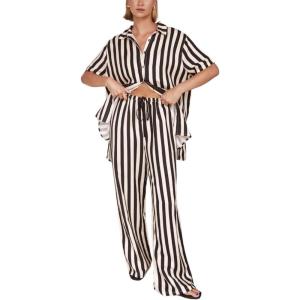 imagechouyatou Womens 2 Piece Lounge Sets Striped Shirt Pant Two Piece Outfits Loose Fit Comfy LoungewearBlack