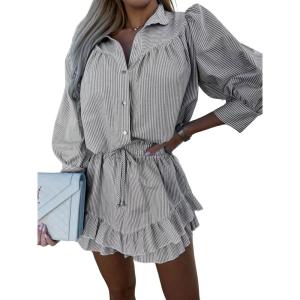 imagechouyatou Womens 2 Piece Outfits Striped Button Down Shirt Ruffled Pleated Mini Skirt Matching SetGray