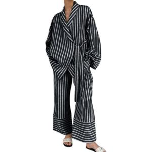imagechouyatou Womens 2 Piece Striped Lounge Set Oversized Shirt and Wide Leg Cropped Pant Matching SetsBlack