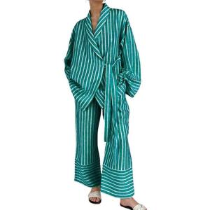 imagechouyatou Womens 2 Piece Striped Lounge Set Oversized Shirt and Wide Leg Cropped Pant Matching SetsGreen