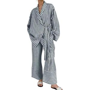 imagechouyatou Womens 2 Piece Striped Lounge Set Oversized Shirt and Wide Leg Cropped Pant Matching SetsGrey