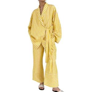 imagechouyatou Womens 2 Piece Striped Lounge Set Oversized Shirt and Wide Leg Cropped Pant Matching SetsYellow