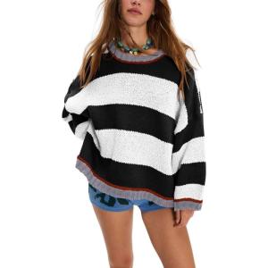 imagechouyatou Womens 2025 Color Block Striped Sweaters Crewneck Long Sleeve Casual Oversized Knitted Sweater TopsBlack and White