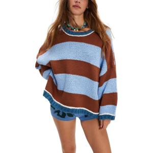 imagechouyatou Womens 2025 Color Block Striped Sweaters Crewneck Long Sleeve Casual Oversized Knitted Sweater TopsBlue and Brown