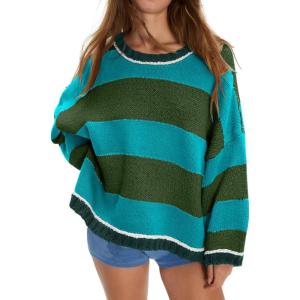 imagechouyatou Womens 2025 Color Block Striped Sweaters Crewneck Long Sleeve Casual Oversized Knitted Sweater TopsGreen