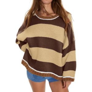 imagechouyatou Womens 2025 Color Block Striped Sweaters Crewneck Long Sleeve Casual Oversized Knitted Sweater TopsKhaki and Brown