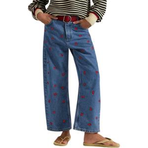 imagechouyatou Womens 2025 Crab Print Baggy Wide Leg Jeans Boyfriend Y2K Casual Floral Denim Ankle PantsBlue