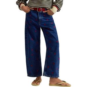 imagechouyatou Womens 2025 Crab Print Baggy Wide Leg Jeans Boyfriend Y2K Casual Floral Denim Ankle PantsDark Blue