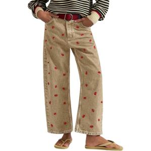 imagechouyatou Womens 2025 Crab Print Baggy Wide Leg Jeans Boyfriend Y2K Casual Floral Denim Ankle PantsKhaki