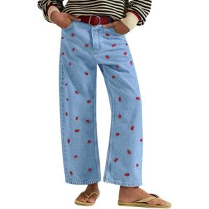 imagechouyatou Womens 2025 Crab Print Baggy Wide Leg Jeans Boyfriend Y2K Casual Floral Denim Ankle PantsLight Blue
