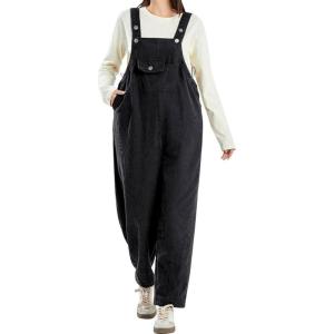 imagechouyatou Womens 2025 Fall Adjustable Strap Corduroy Overall Tapered Leg Jumpsuit Pants with PocketsBlack