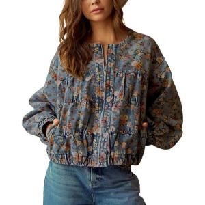 imagechouyatou Womens 2025 Fall Boyfriend Floral Denim Jacket Spring Y2K Casual Oversized Jean Bomber JacketDark Floral