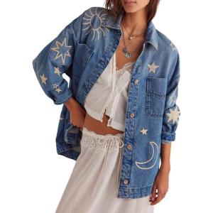 imagechouyatou Womens 2025 Fall Embroidery Denim Jacket Vintage Boyfriend Casual Oversized Jean JacketBlue