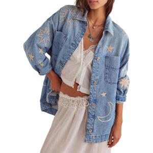 imagechouyatou Womens 2025 Fall Embroidery Denim Jacket Vintage Boyfriend Casual Oversized Jean JacketLight Blue