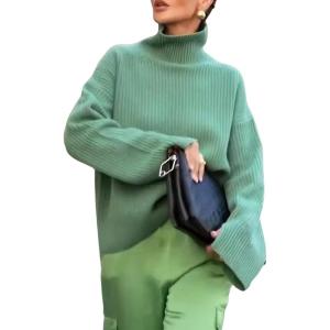 imagechouyatou Womens 2025 Fall Ribbed Knit Turtleneck Sweater Casual Pullover Winter Cozy Sweater Jumper TopGreen