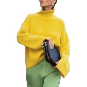 imagechouyatou Womens 2025 Fall Ribbed Knit Turtleneck Sweater Casual Pullover Winter Cozy Sweater Jumper TopYellow