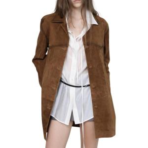 imagechouyatou Womens 2025 Retro Faux Suede Leather Shacket Jacket Lapel Collar Mid Long Jacket CoatBrown