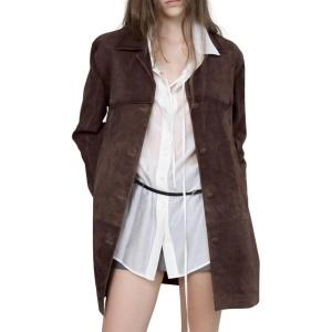 imagechouyatou Womens 2025 Retro Faux Suede Leather Shacket Jacket Lapel Collar Mid Long Jacket CoatCoffee