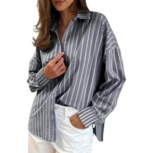 imagechouyatou Womens 2025 Striped ButtonDown Shirt Loose Business Casual Cotton Dress Shirt Blouse TopGrey