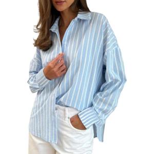 imagechouyatou Womens 2025 Striped ButtonDown Shirt Loose Business Casual Cotton Dress Shirt Blouse TopLight Blue