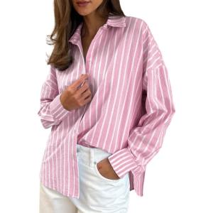 imagechouyatou Womens 2025 Striped ButtonDown Shirt Loose Business Casual Cotton Dress Shirt Blouse TopPink