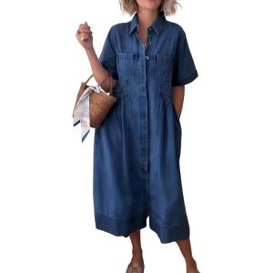 imagechouyatou Womens 2025 Summer Short Sleeve Denim Shirt Dress Midi Long Western Business Casual Jean DressBlue