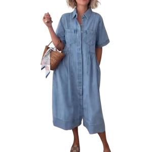 imagechouyatou Womens 2025 Summer Short Sleeve Denim Shirt Dress Midi Long Western Business Casual Jean DressLight Blue